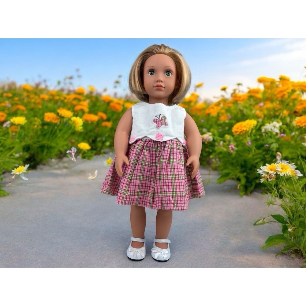 Teddy Mountain Doll/Teddy Bear Dress Pink And Green Plaid With Butterfly & Roses